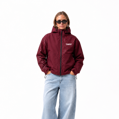 Water Reactive Cheetah Rain Jacket - Burgundy